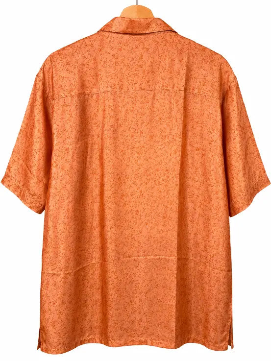 Camicia in Seta Sari Floreale Ramage Arancio Pesca Unisex - Taglia S