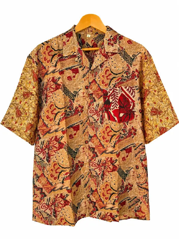 Camicia in Seta Sari Batik Patchwork Oro e Rosso Unisex - Taglia M