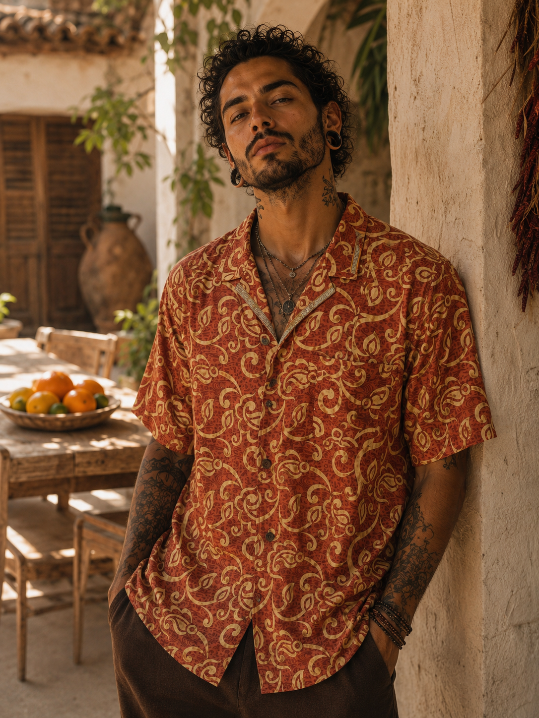 Camicia in Seta Sari Etnica Terracotta Oro Paisley Unisex - Taglia XL