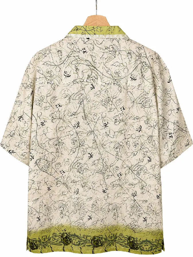 Camicia in Seta Sari Botanico Lineare Avorio e Verde Lime - Taglia S