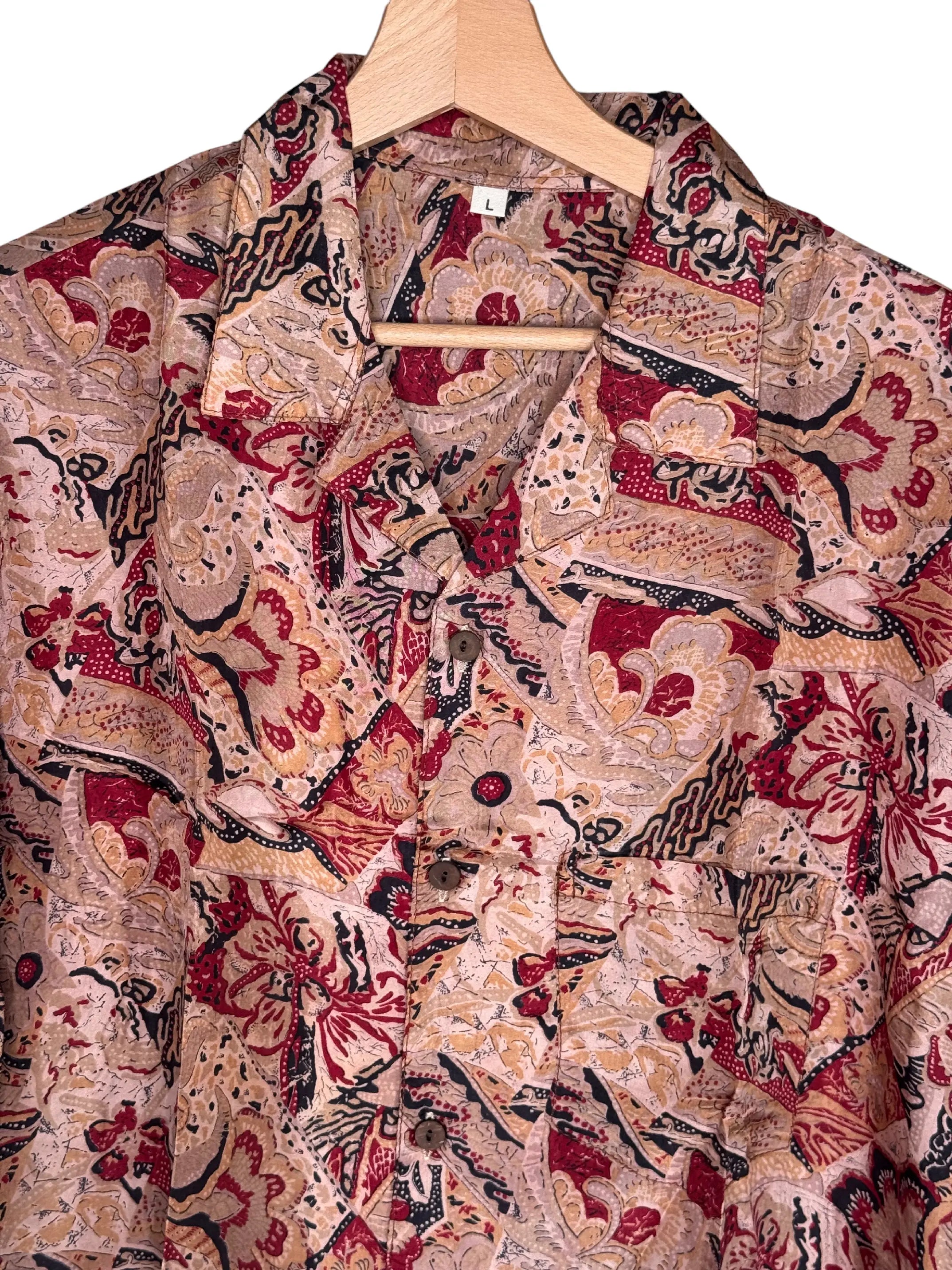 Camicia in Seta Sari Kalamkari Floreale Terracotta Unisex - Taglia L