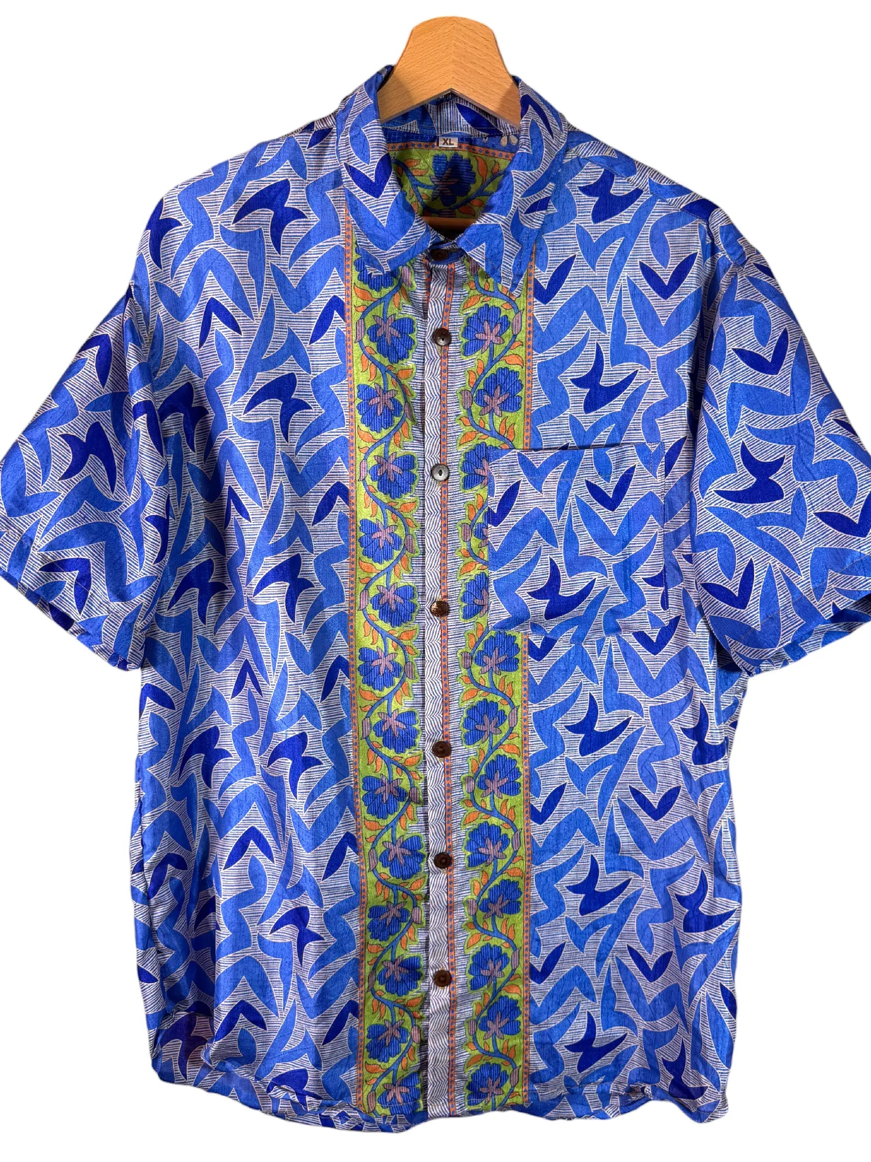 Camicia Sari Frecce Blu Cobalto con Fascia Floreale Verde Unisex - Taglia XL