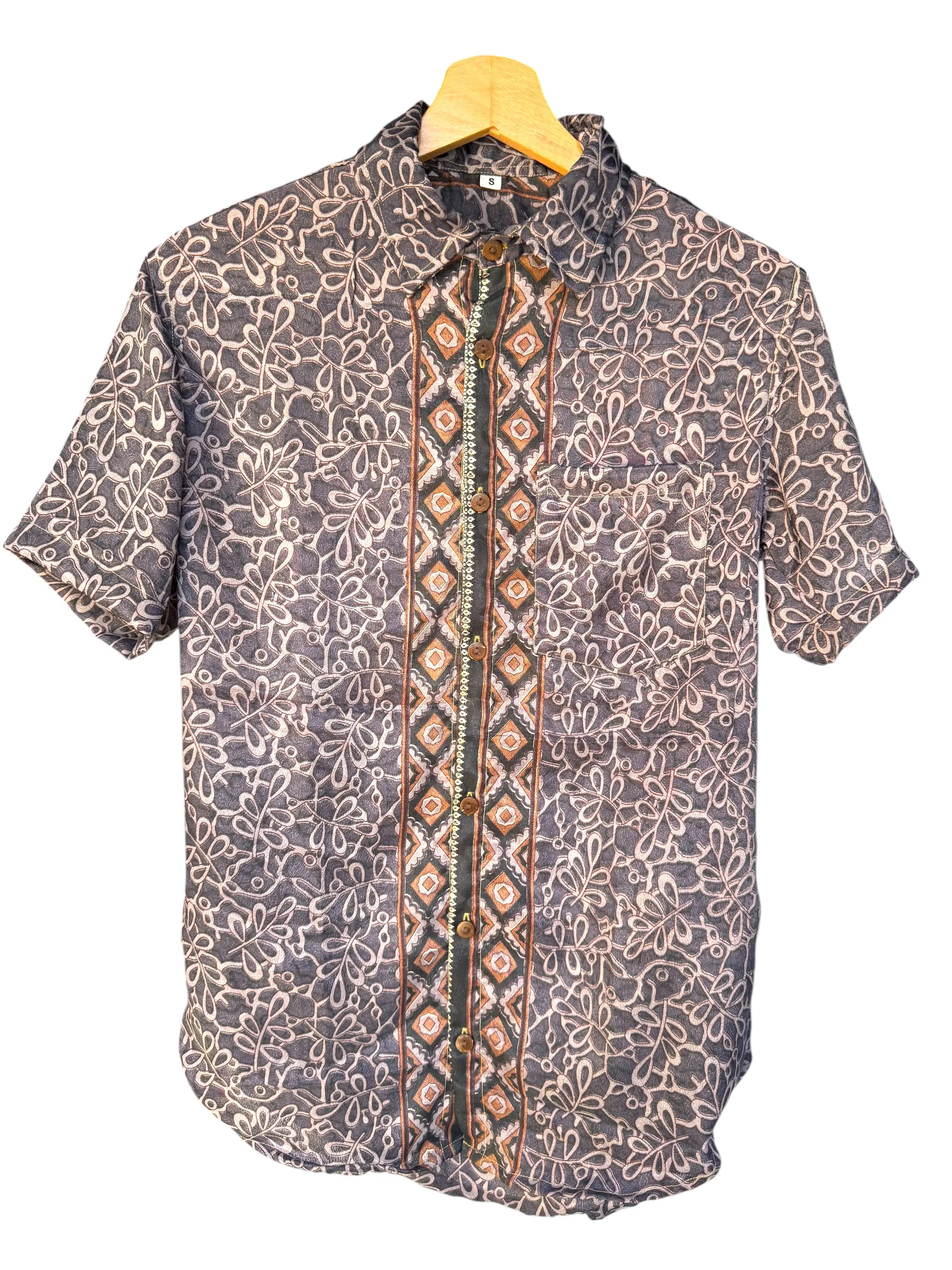 Camicia Etnica Grigia Fantasia Geometrica Vintage - Taglia S
