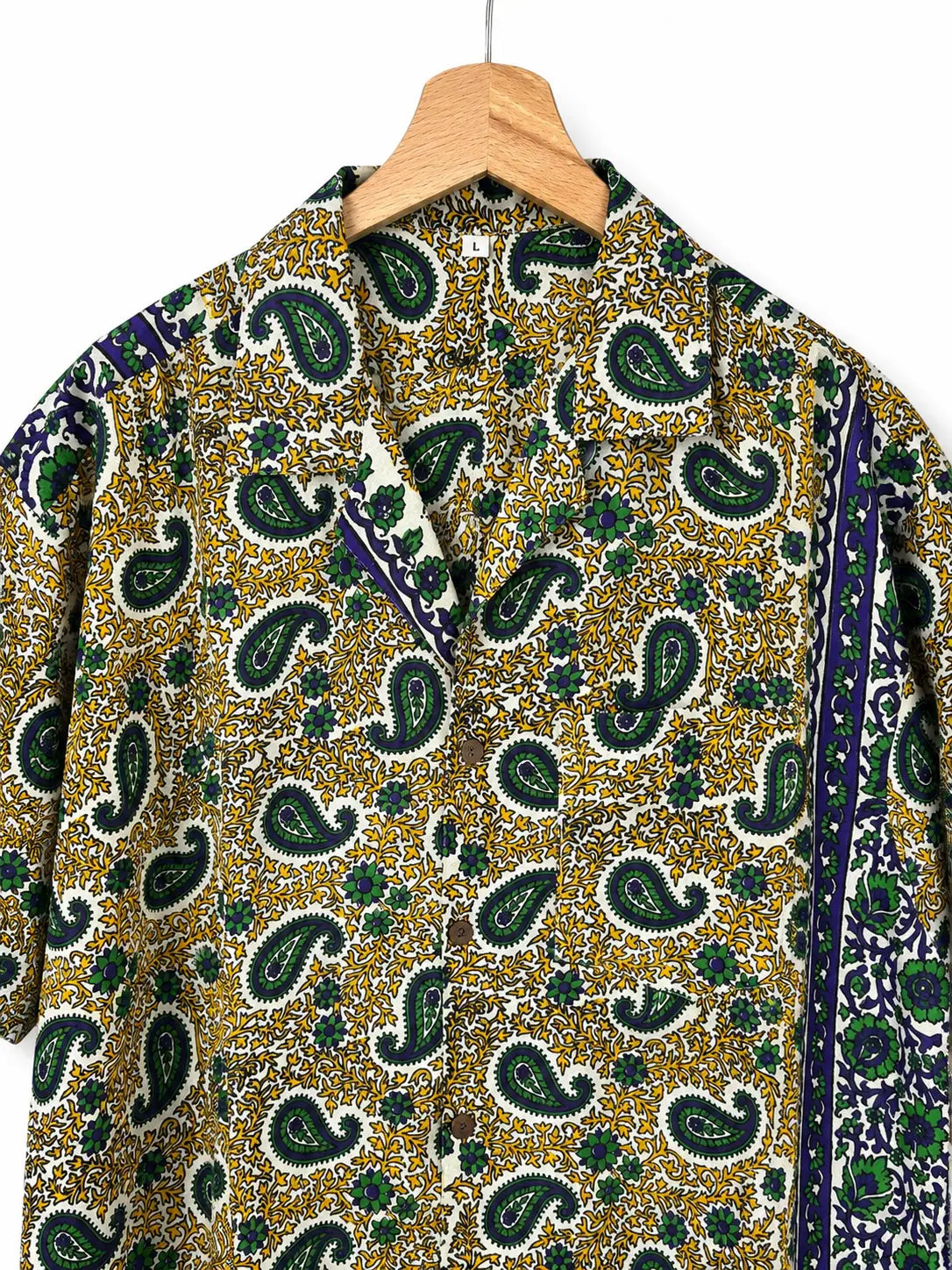 Camicia Etnica in Seta Sari Vintage Paisley Verde Blu - Taglia L