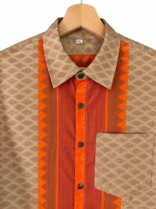 Camicia Sari Cammello Micro-Rombi con Banda Arancio Unisex - Taglia XL