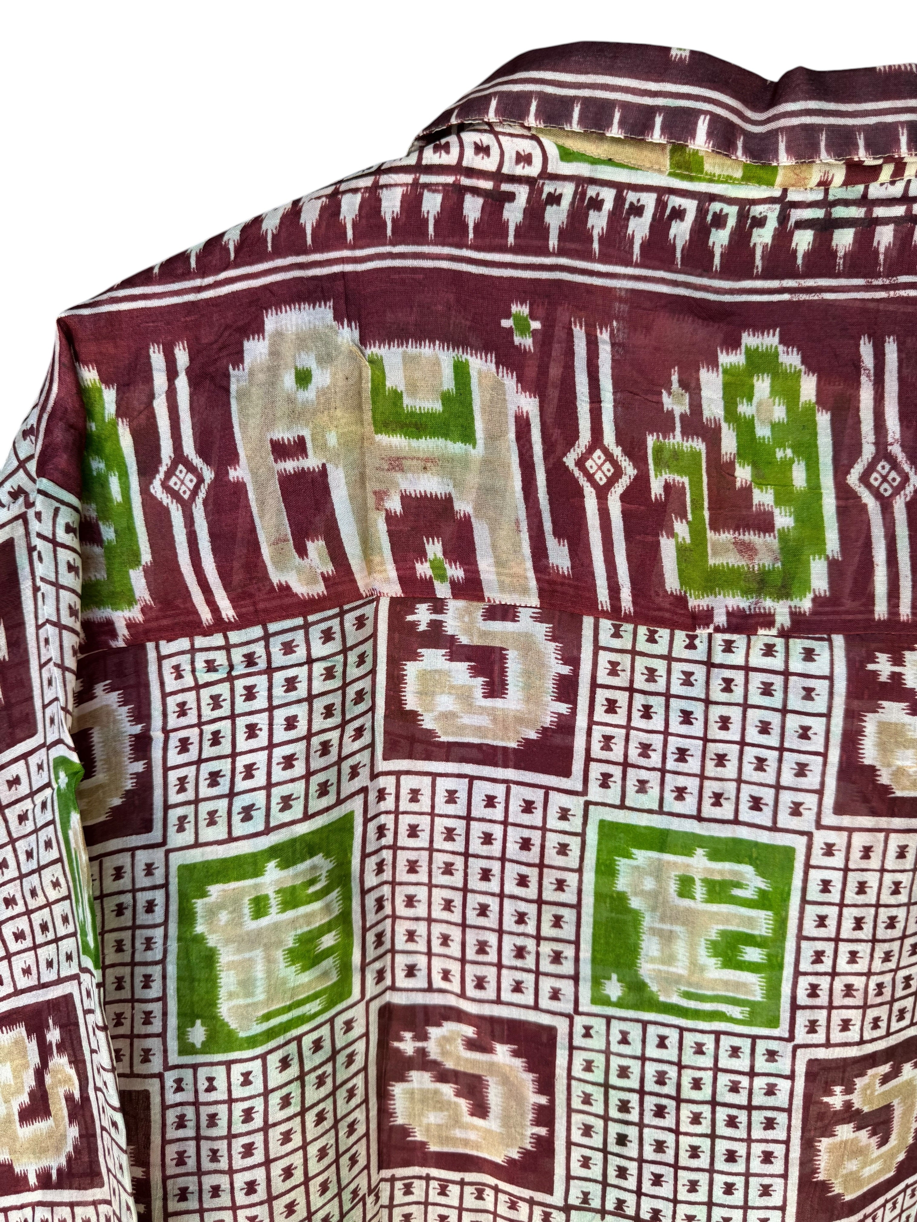 Camicia in Seta Sari Ikat Bordeaux Verde Elefanti Unisex - Taglia M