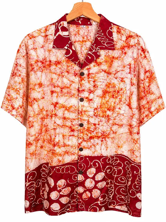 Camicia in Seta Sari Batik Animali Rosso e Arancio Unisex - Taglia XL