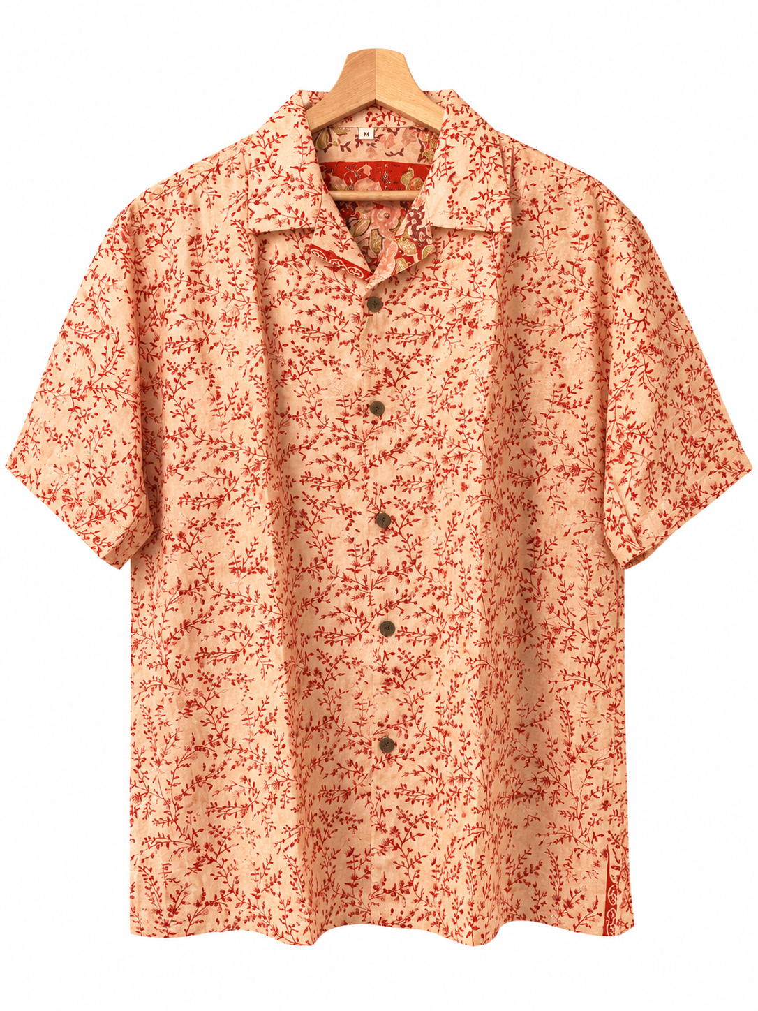 Camicia in Seta Sari Ramage Botanico Avorio e Rosso Unisex - Taglia M