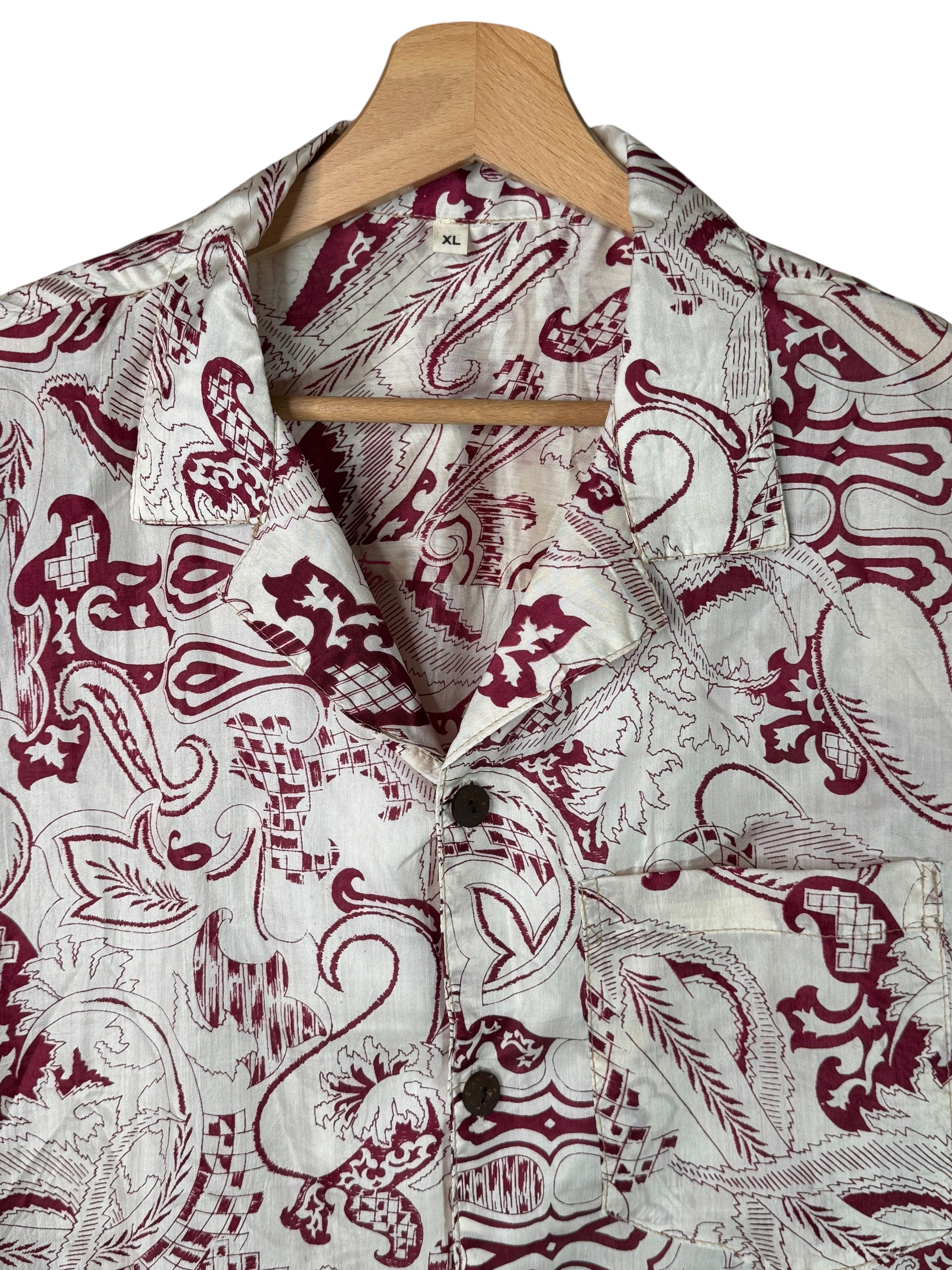 Camicia in Seta Sari Paisley Barocco Bordeaux Bianco - Taglia XL