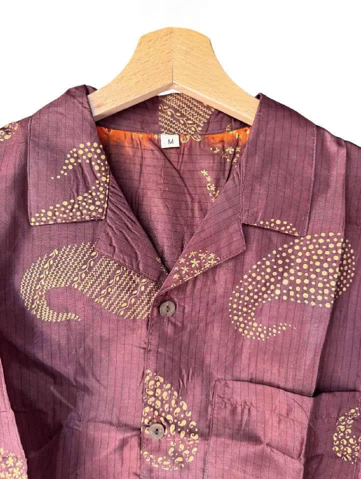 Camicia in Seta Sari Maxi Paisley Bordeaux e Oro Unisex - Taglia M