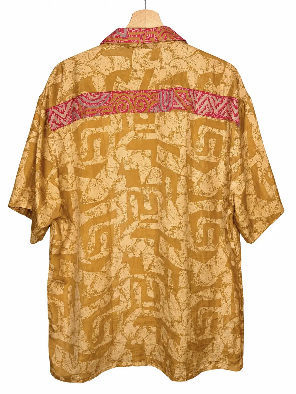 Camicia Etnica in Seta Sari Labirinto Senape Fucsia - Tg L