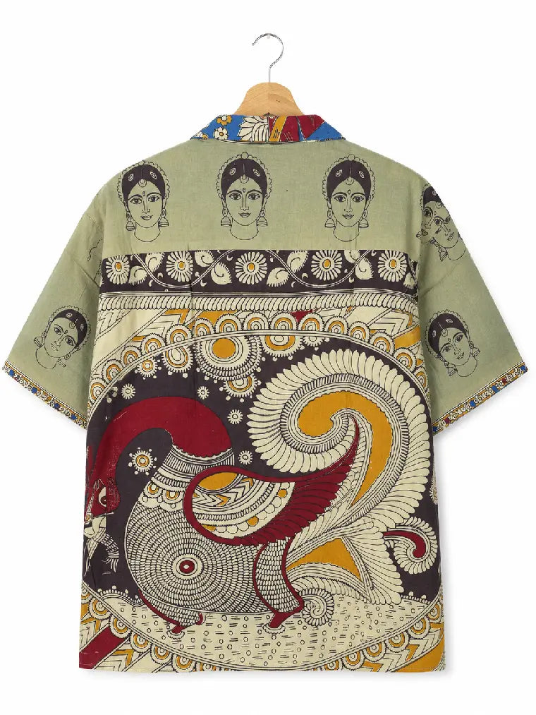 Camicia Kalamkari Block Print Dea Indiana e Pavone Verde Unisex - Taglia XL CAMICIE PARTICOLARI