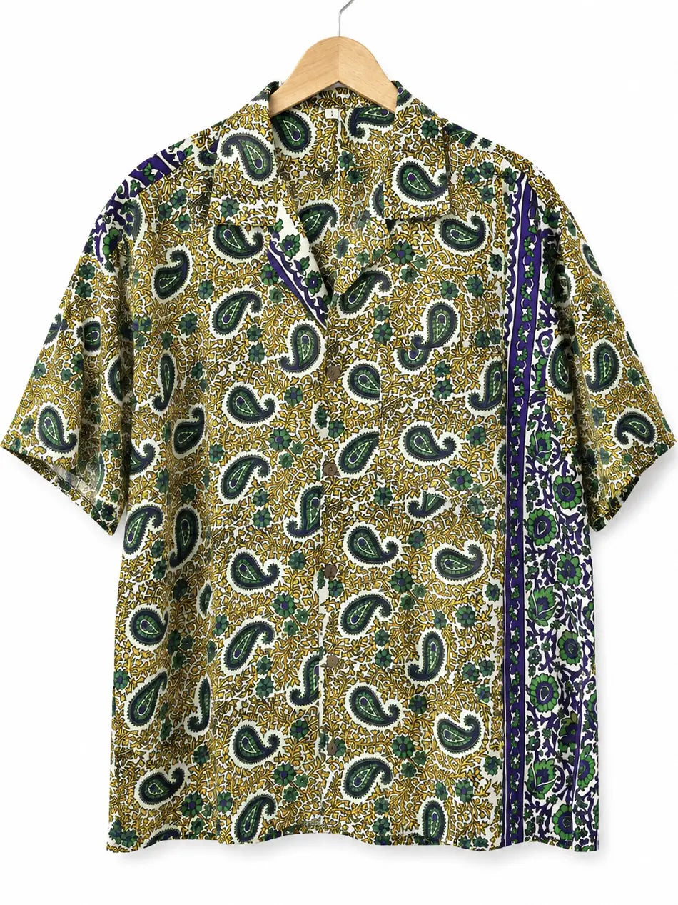 Camicia Etnica in Seta Sari Vintage Paisley Verde Blu - Taglia L