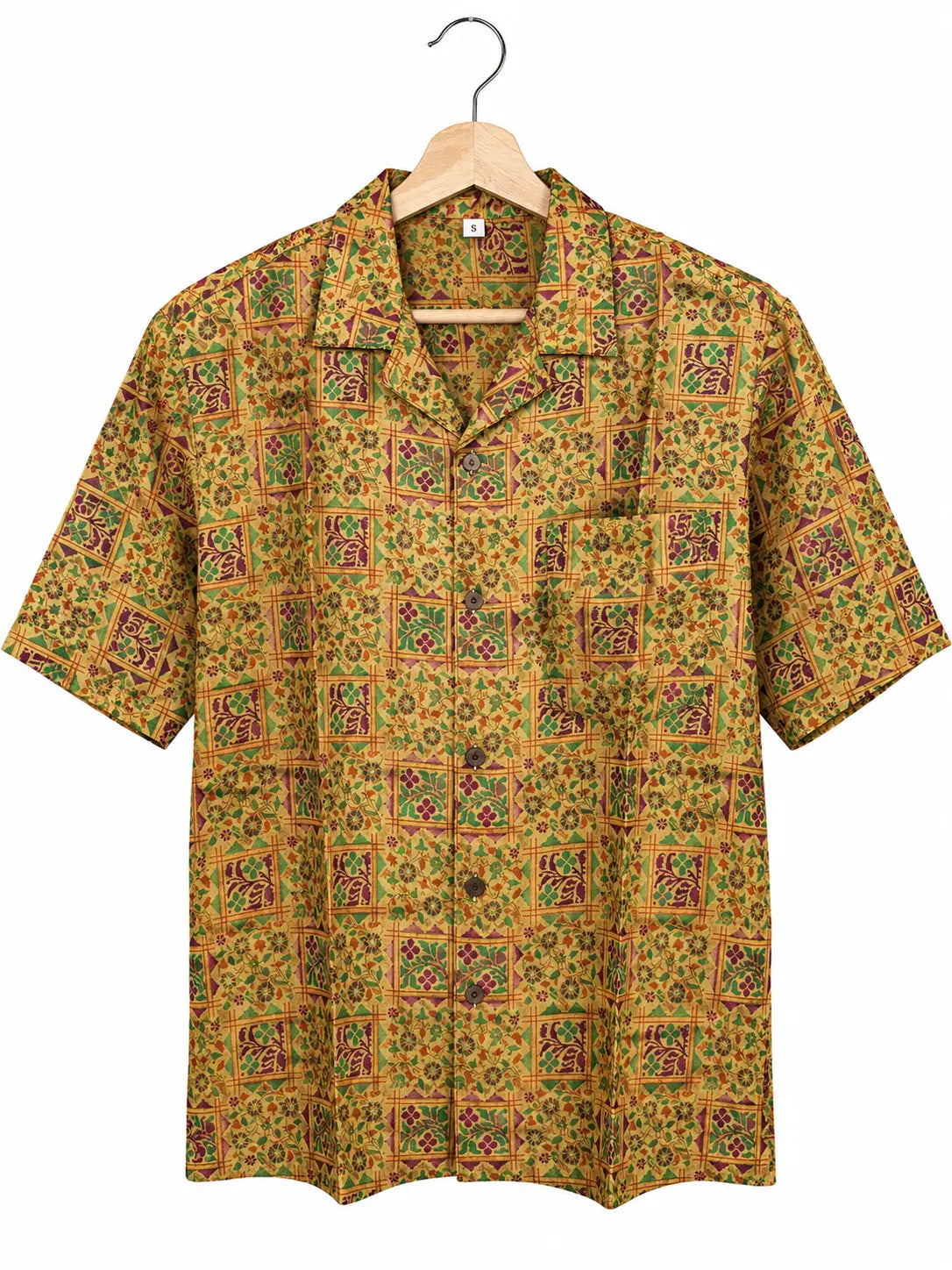 Camicia in Seta Sari Ocra Griglia Floreale Rajput Unisex - Taglia S