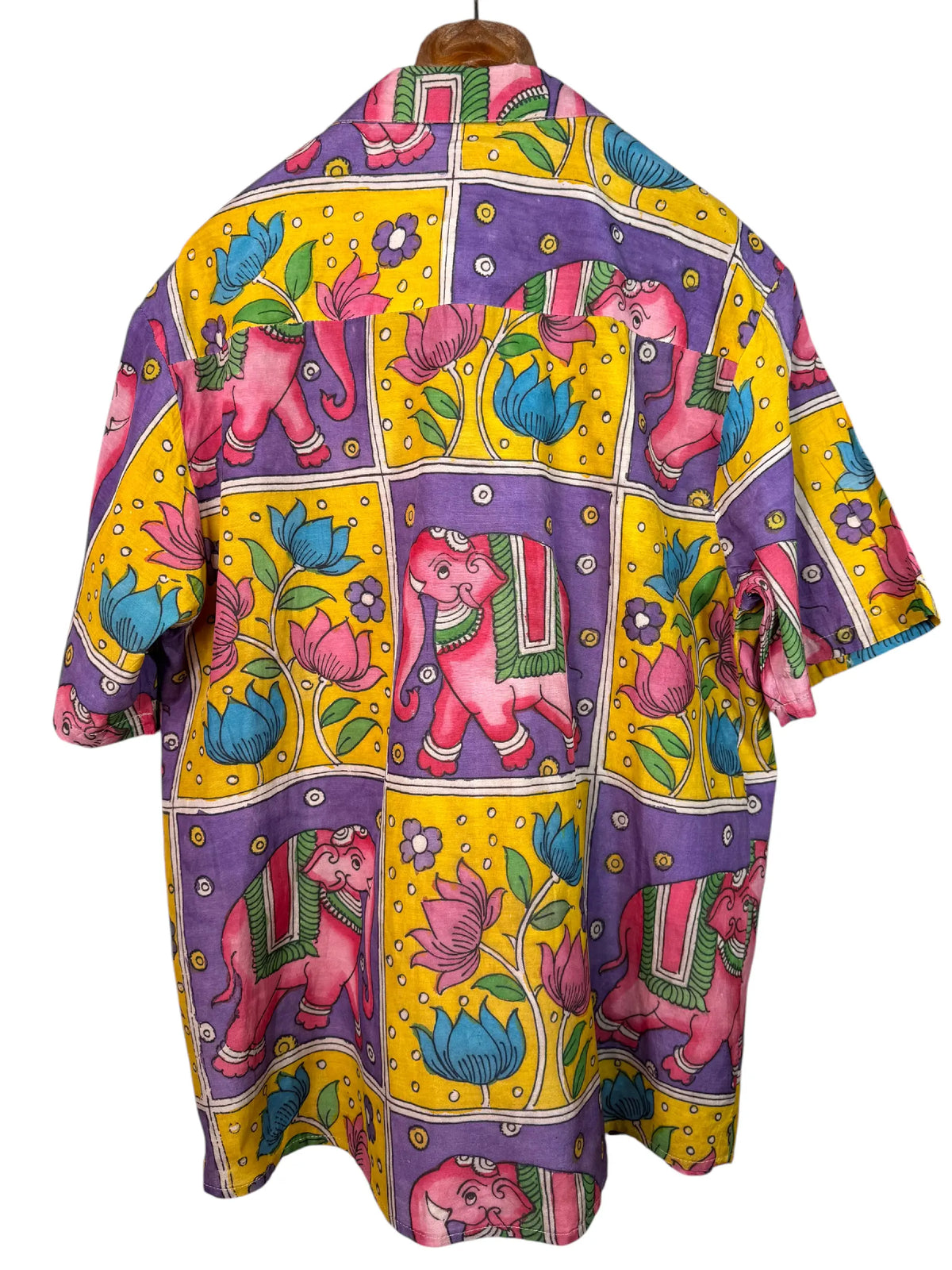 Camicia Etnica Seta Tussar Kalamkari Elefanti Rosa - Taglia L