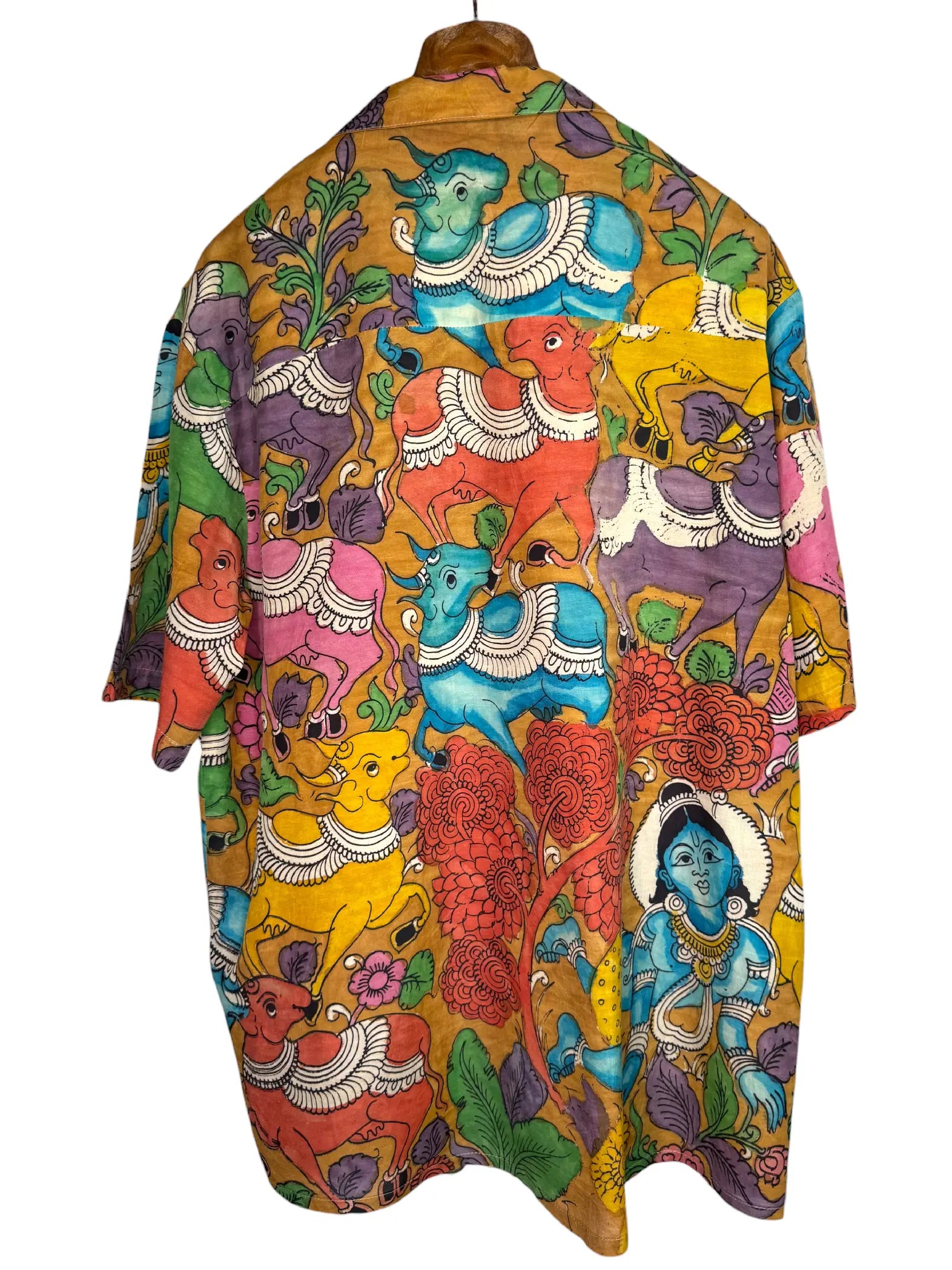 Camicia Etnica Seta Tussar Kalamkari Krishna e Vacche - XL