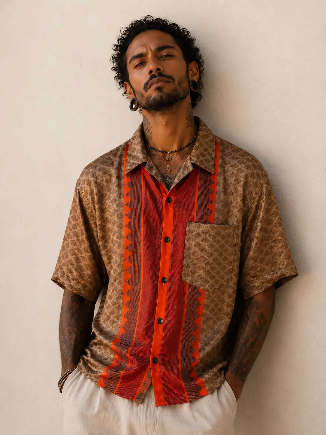 Camicia Sari Cammello Micro-Rombi con Banda Arancio Unisex - Taglia XL CAMICIE PARTICOLARI