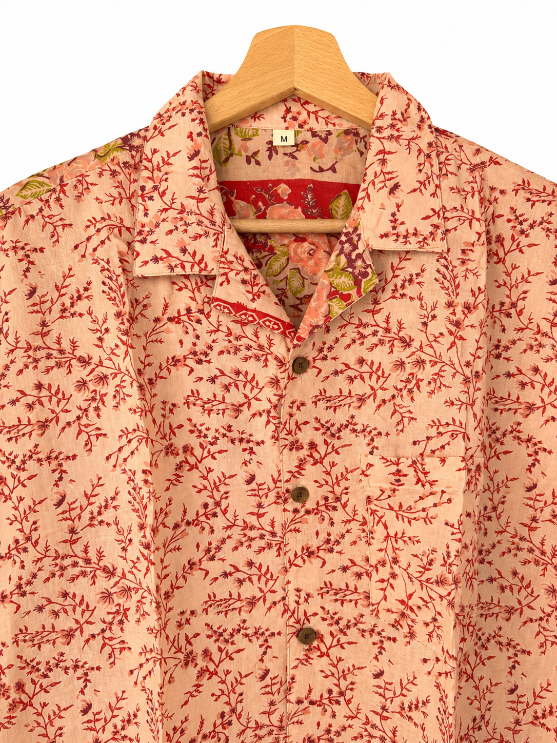 Camicia in Seta Sari Ramage Botanico Avorio e Rosso Unisex - Taglia M