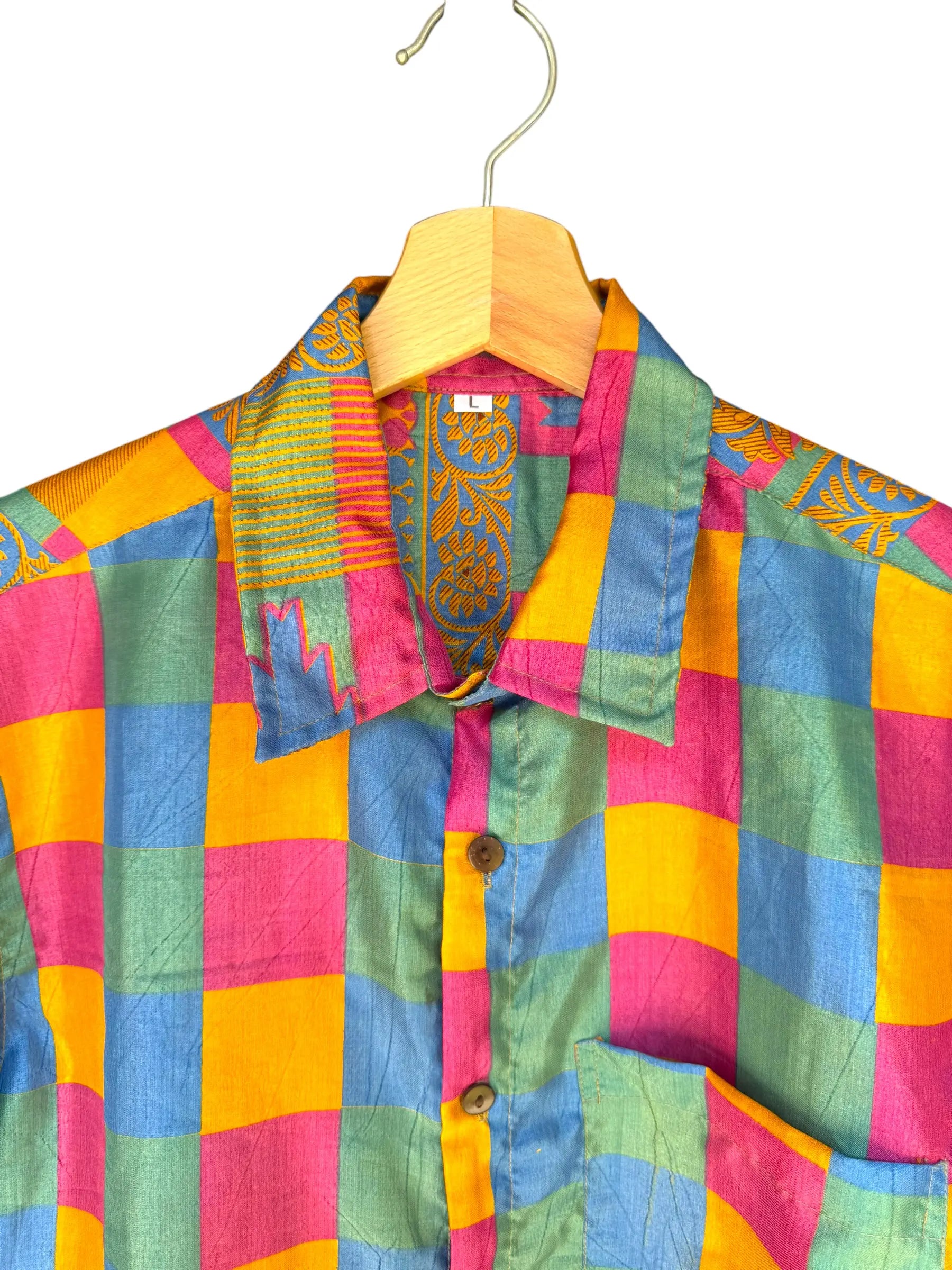 Camicia Sari Multicolor Quadri Pastello Upcycled - Taglia L