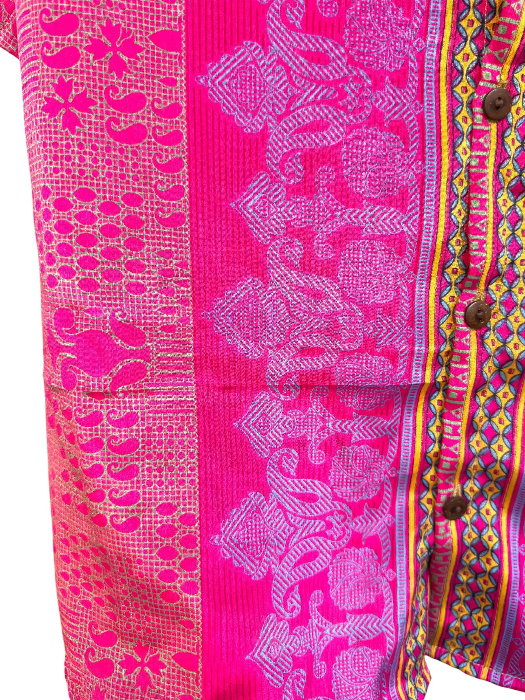 Camicia Etnica Fucsia Neon - Patchwork Paisley Boho Sari - Taglia XL