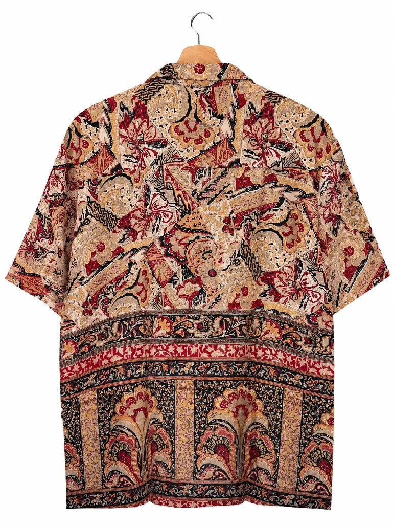 Camicia in Seta Sari Kalamkari Floreale Terracotta Unisex - Taglia L