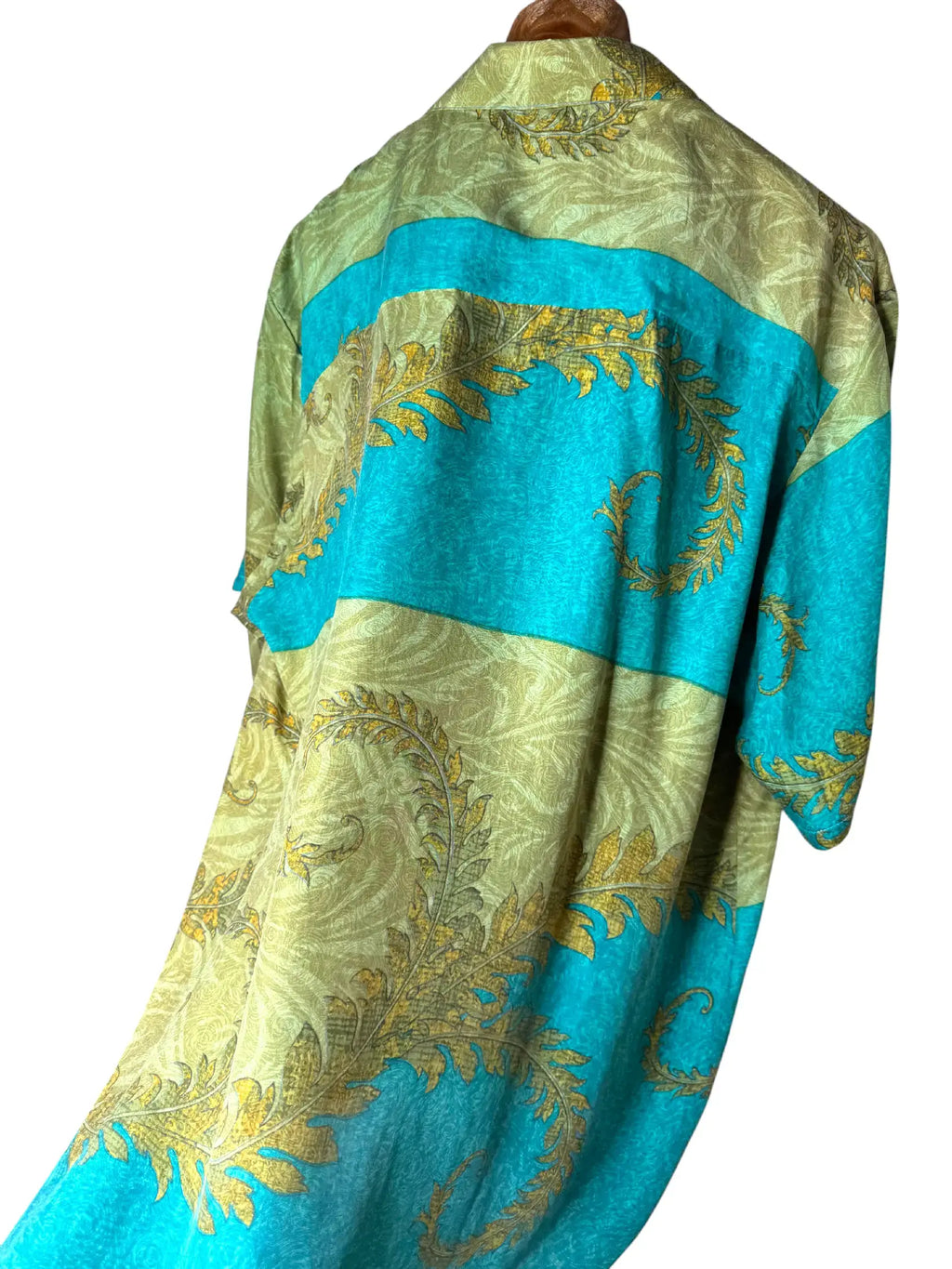 Camicia Etnica in Seta Sari Vintage Foglie Turchese - Taglia L