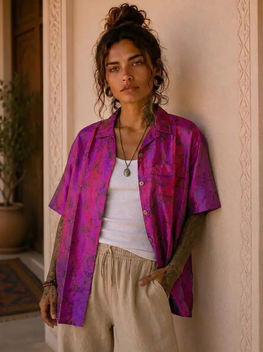 Camicia Etnica in Seta Sari Fucsia Iridescente - Taglia S