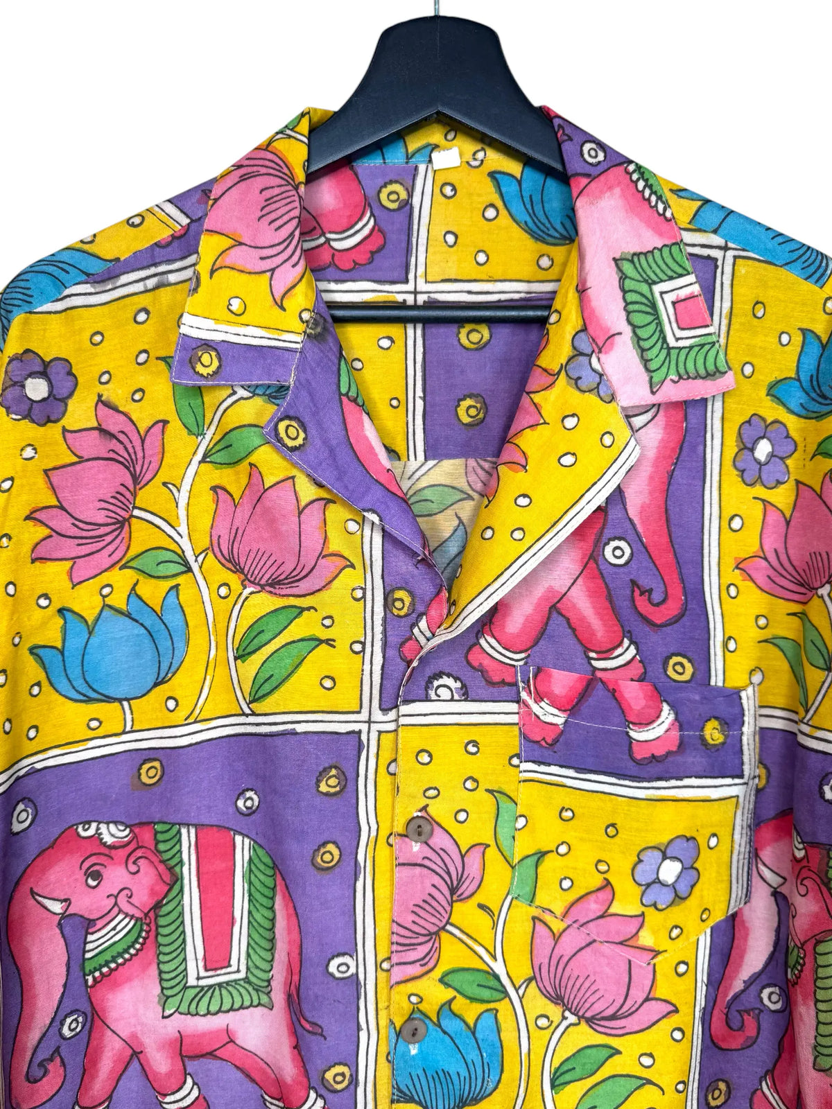 Camicia Etnica Seta Tussar Kalamkari Elefanti Rosa - Tg XL