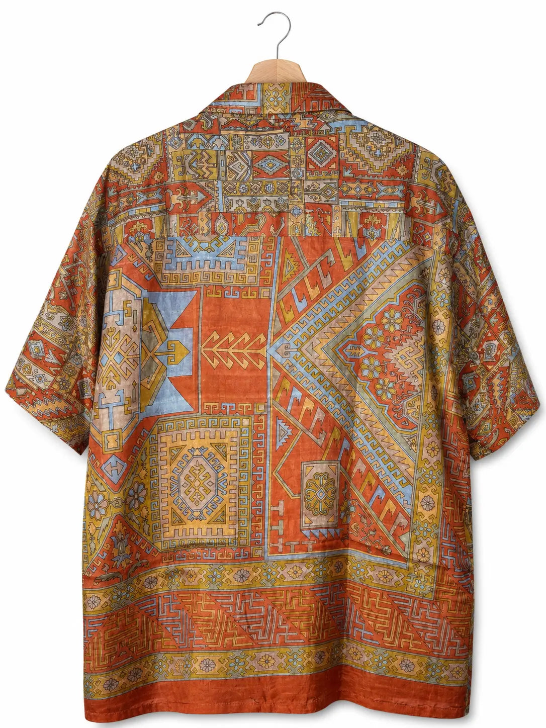 Camicia Etnica in Seta Sari Vintage Kilim Arancio Bruciato - Taglia L