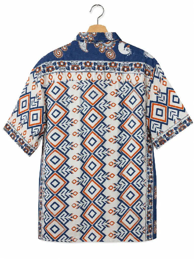 Camicia Sari Block Print Geometrico Blu Arancio Unisex - Taglia L CAMICIE PARTICOLARI