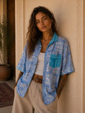 Camicia Etnica in Seta Sari Figure Tribali Blu - Taglia S
