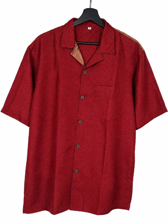 Camicia in Seta Sari Rosso Chevron Tono su Tono Unisex - Taglia S