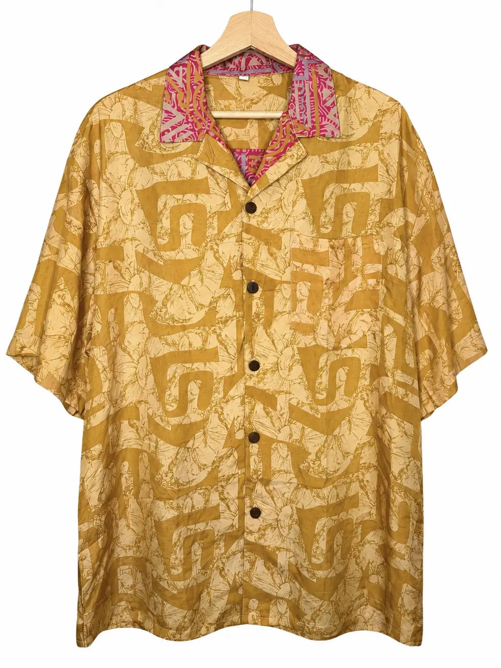 Camicia Etnica in Seta Sari Labirinto Senape Fucsia - Tg L