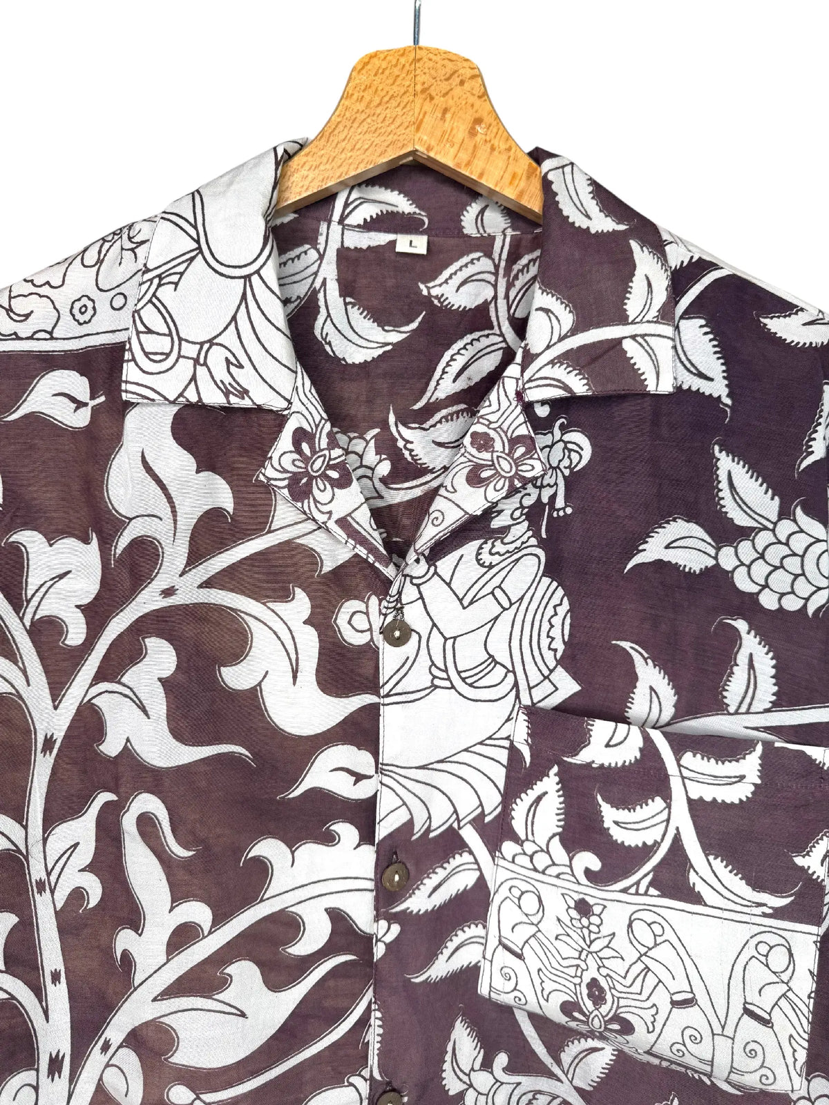 Camicia Etnica Kalamkari Figure e Tralci Marrone - Taglia L