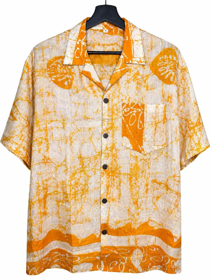 Camicia in Seta Sari Batik Solare Arancio e Avorio Unisex - Taglia S