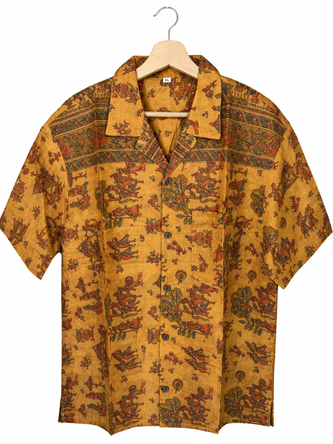Camicia in Seta Sari Kalamkari Ambra Figure Cortesi Unisex - Taglia XL