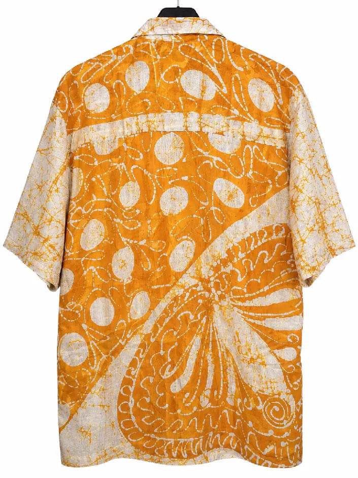 Camicia in Seta Sari Batik Solare Arancio e Avorio Unisex - Taglia S