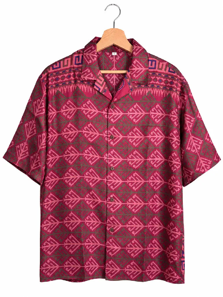 Camicia in Seta Sari Tribale Geometrico Bordeaux Rosa Unisex - Taglia L