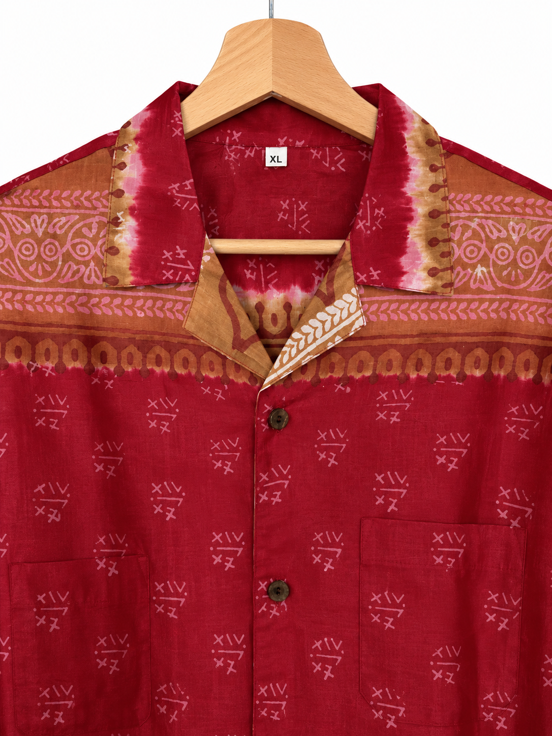 Camicia in Seta Sari Tribale Rosso e Terracotta Unisex - Taglia XL