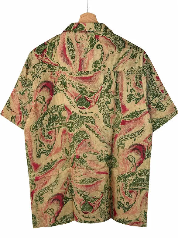 Camicia in Seta Sari Toile Figurativa Verde e Rosa Unisex - Taglia L