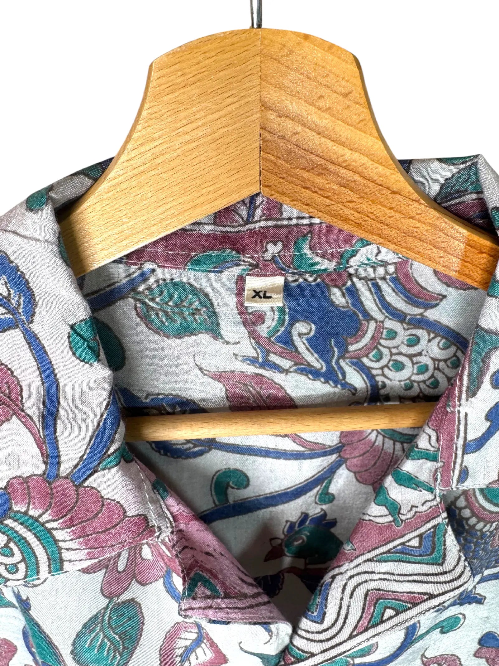 Camicia Etnica Kalamkari Pavoni Cotone Verde Acqua - XL