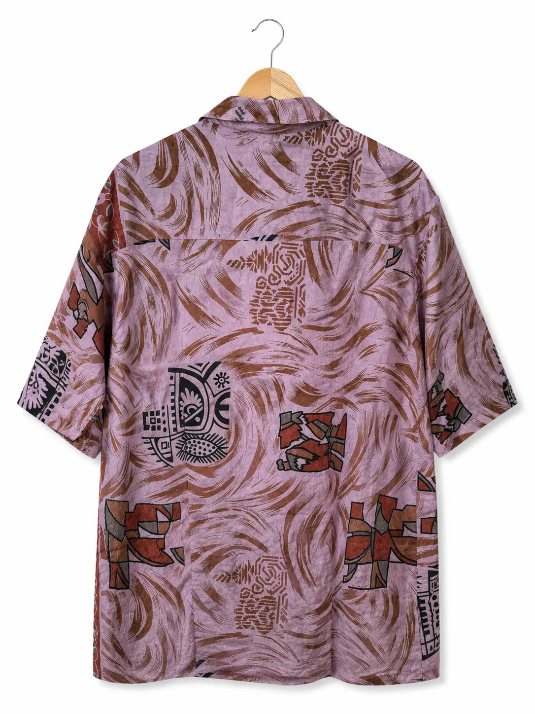 Camicia Etnica in Seta Sari Vintage Maschere Tribali Lilla - Taglia L