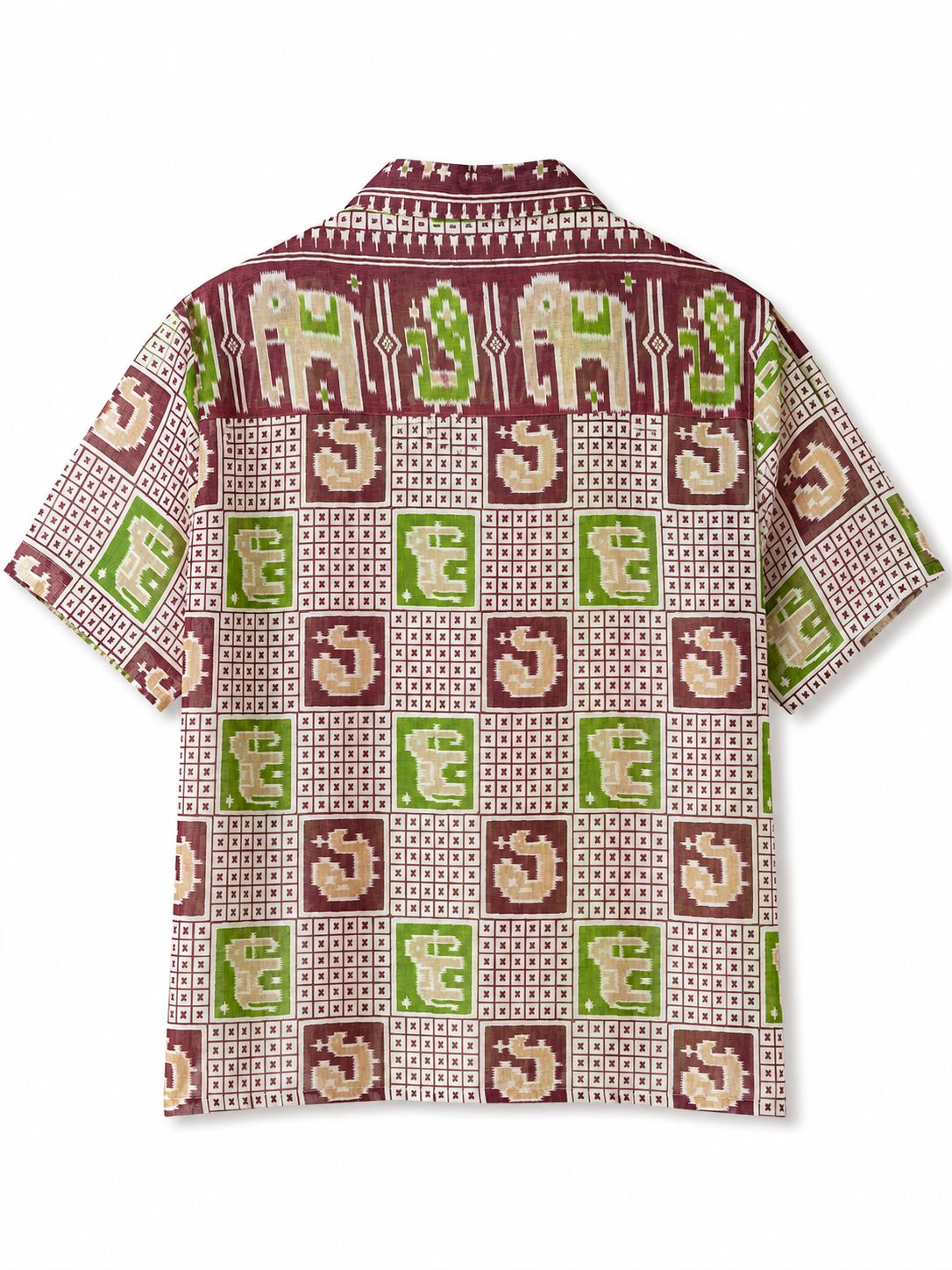 Camicia in Seta Sari Ikat Bordeaux Verde Elefanti Unisex - Taglia M