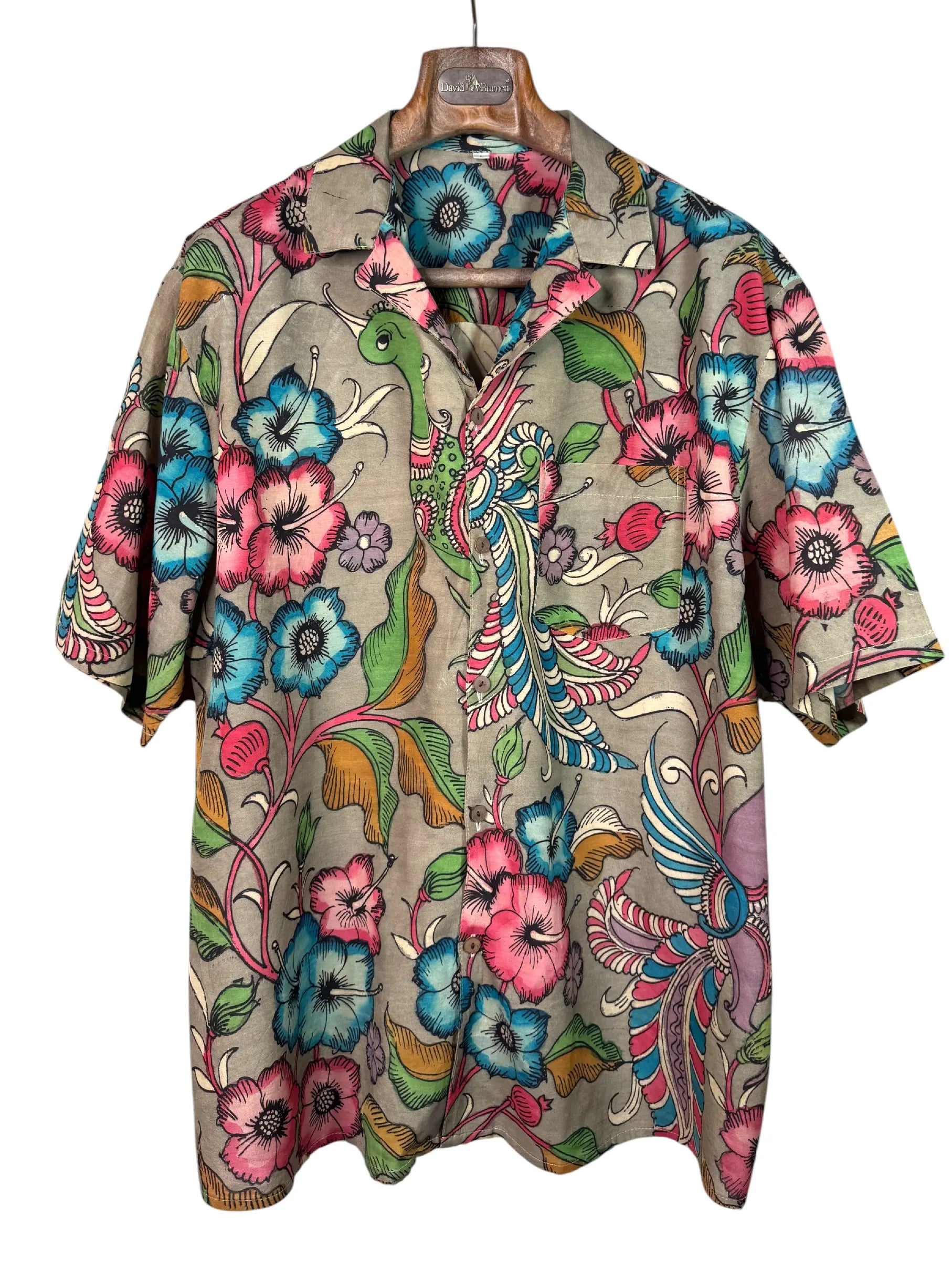 Camicia Etnica Seta Tussar Kalamkari Fiori e Fenice - Tg L