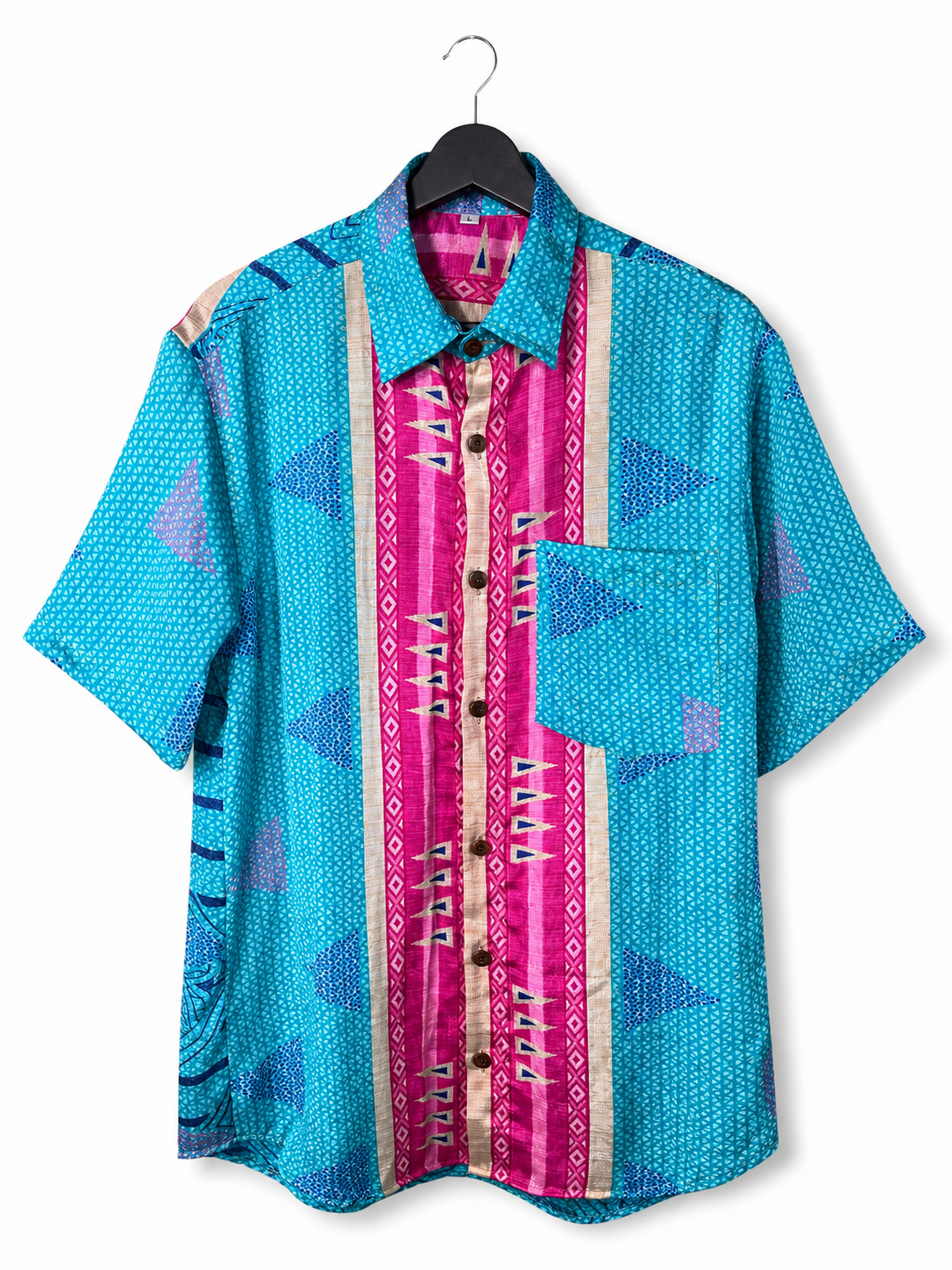 Camicia Sari Etnica Turchese Fucsia Geometrica Unisex - Taglia L