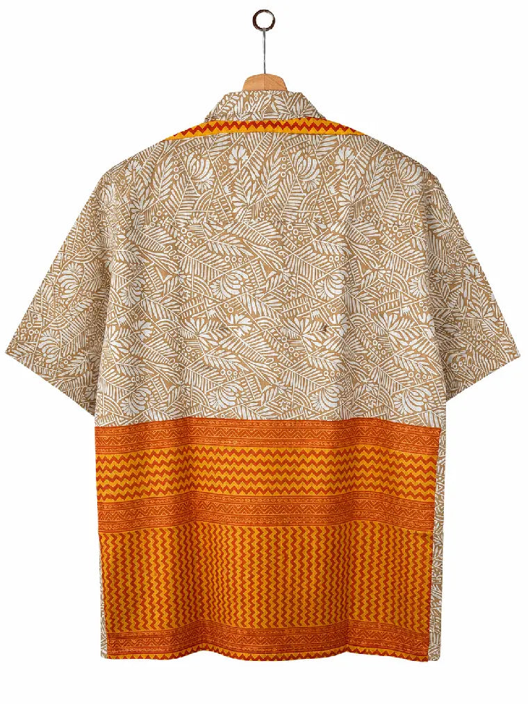 Camicia in Seta Sari Botanico Sabbia e Arancio Unisex - Taglia L