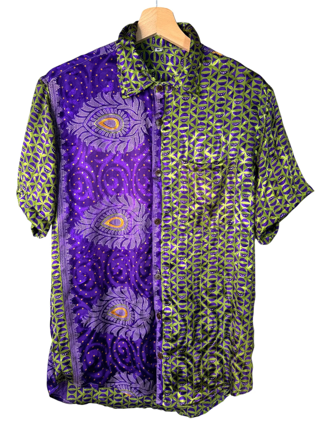 Camicia Etnica Viola e Verde Geometrica - Sari Upcycled - Taglia M