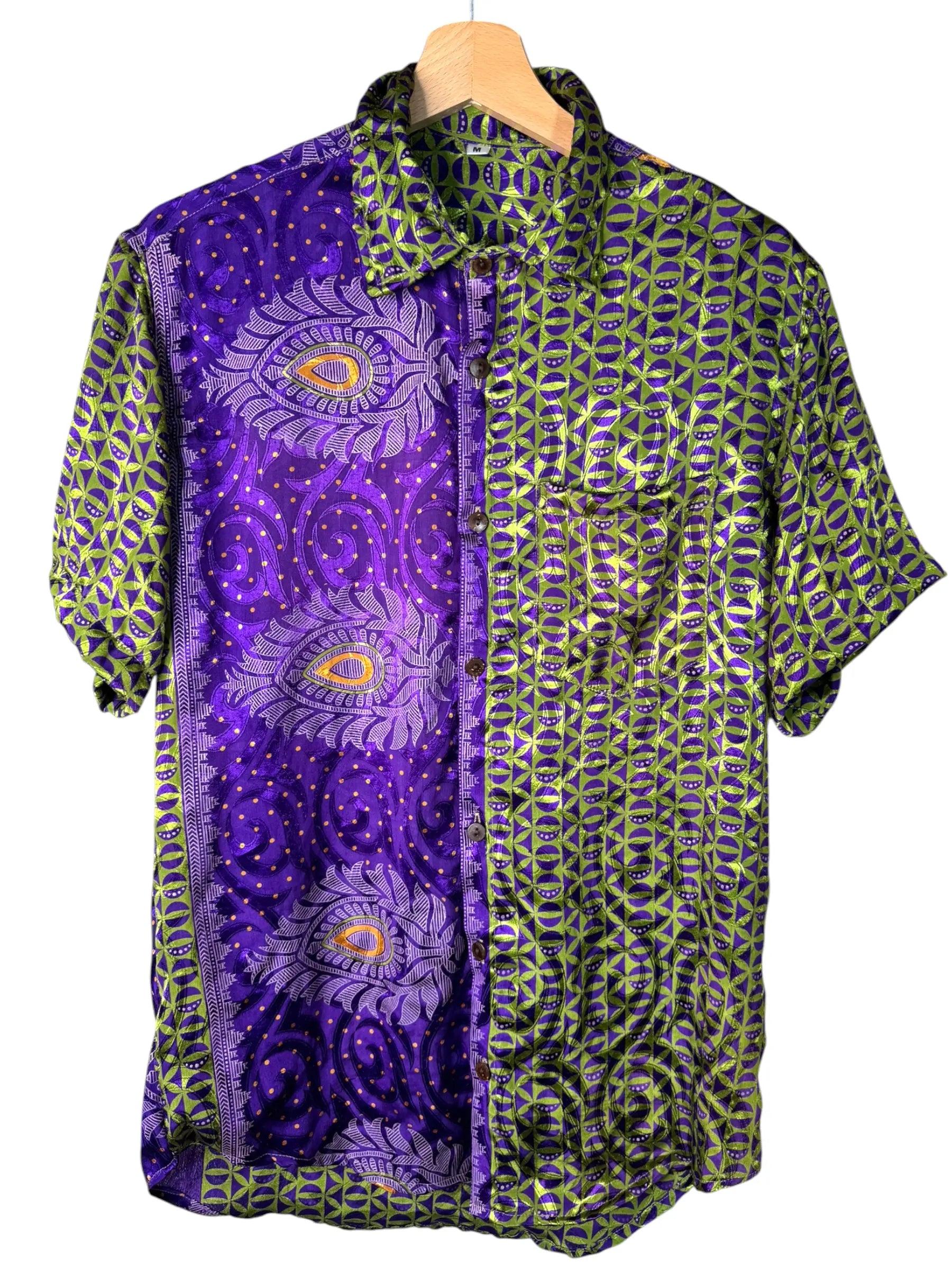 Camicia Etnica Viola e Verde Geometrica - Sari Upcycled - Taglia M