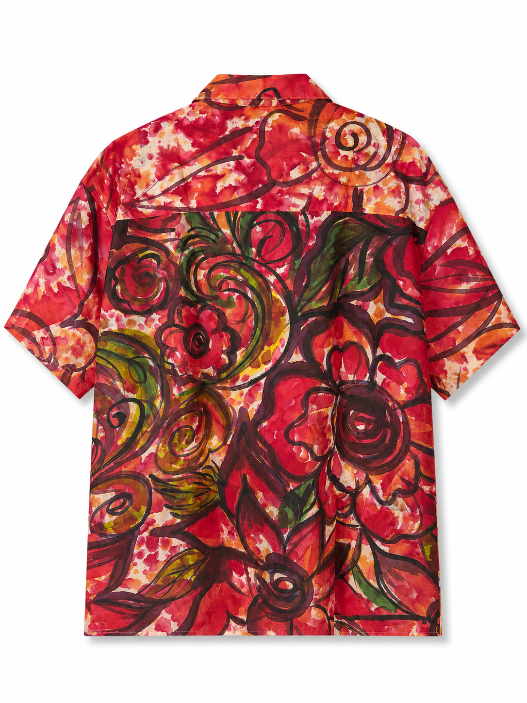 Camicia in Seta Sari Floreale Rosso Rose Dipinte Unisex - Taglia M