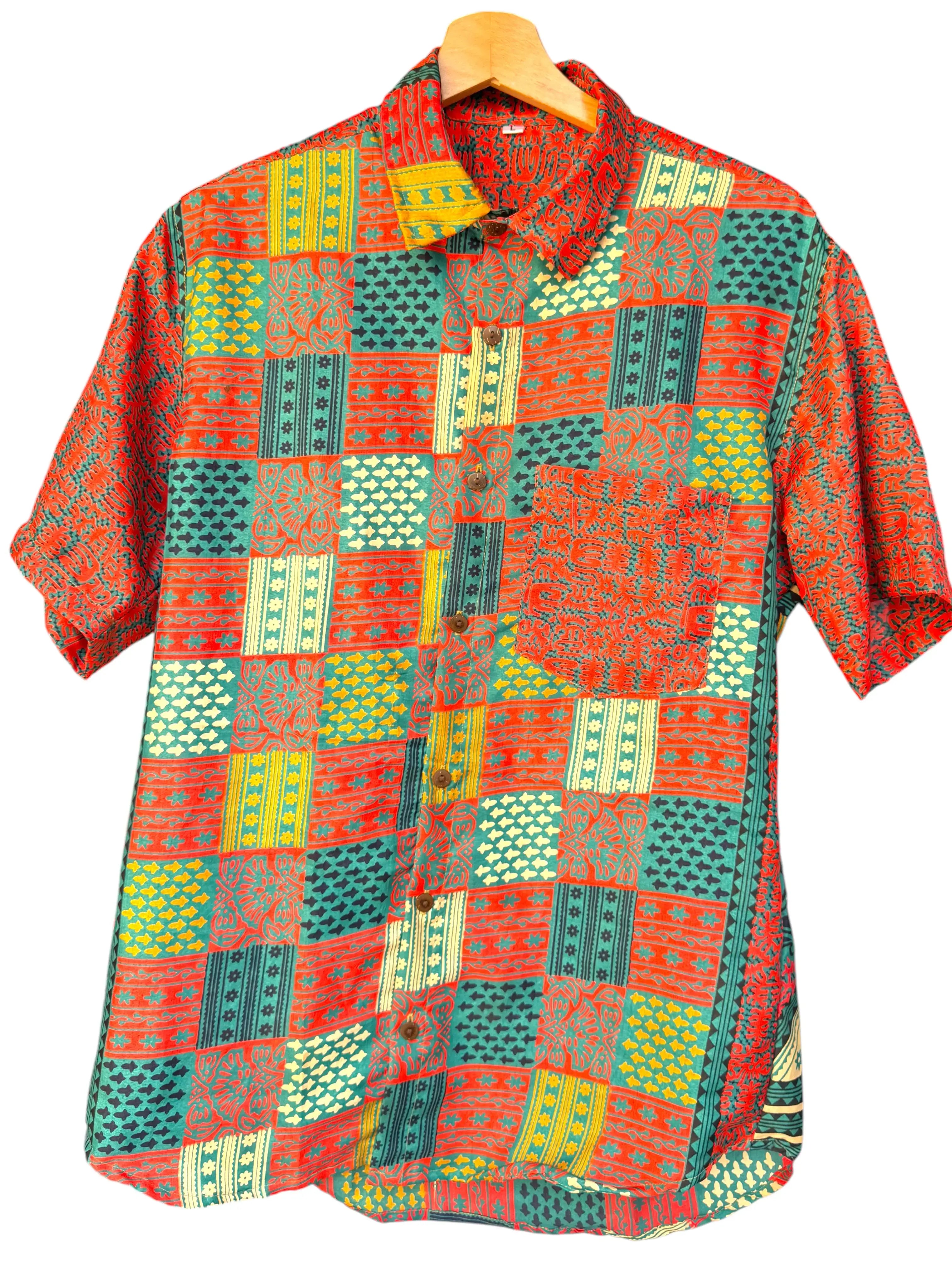 Camicia Etnica Rossa Teal - Patchwork Paisley Boho Sari - Taglia L